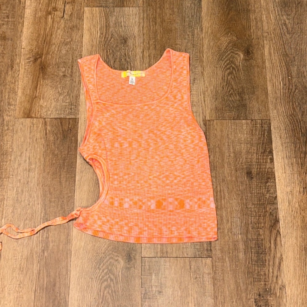 Urban Outfitters Orange Pink Ribbed Knit Side Cutout Tie Tank Top Large